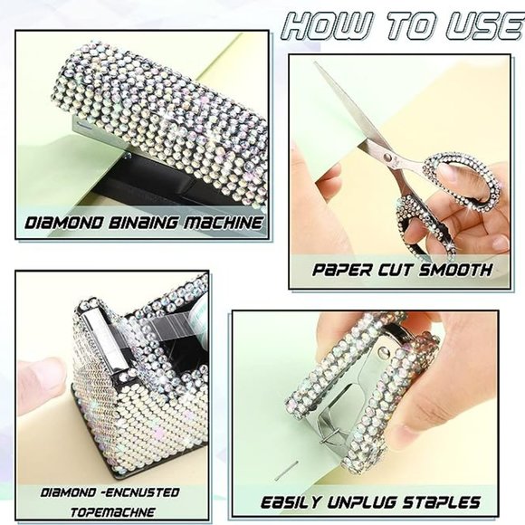 6 Pcs Bling Office Desk Accessories Set Crystal School Stationery Kit - Picture 3 of 6